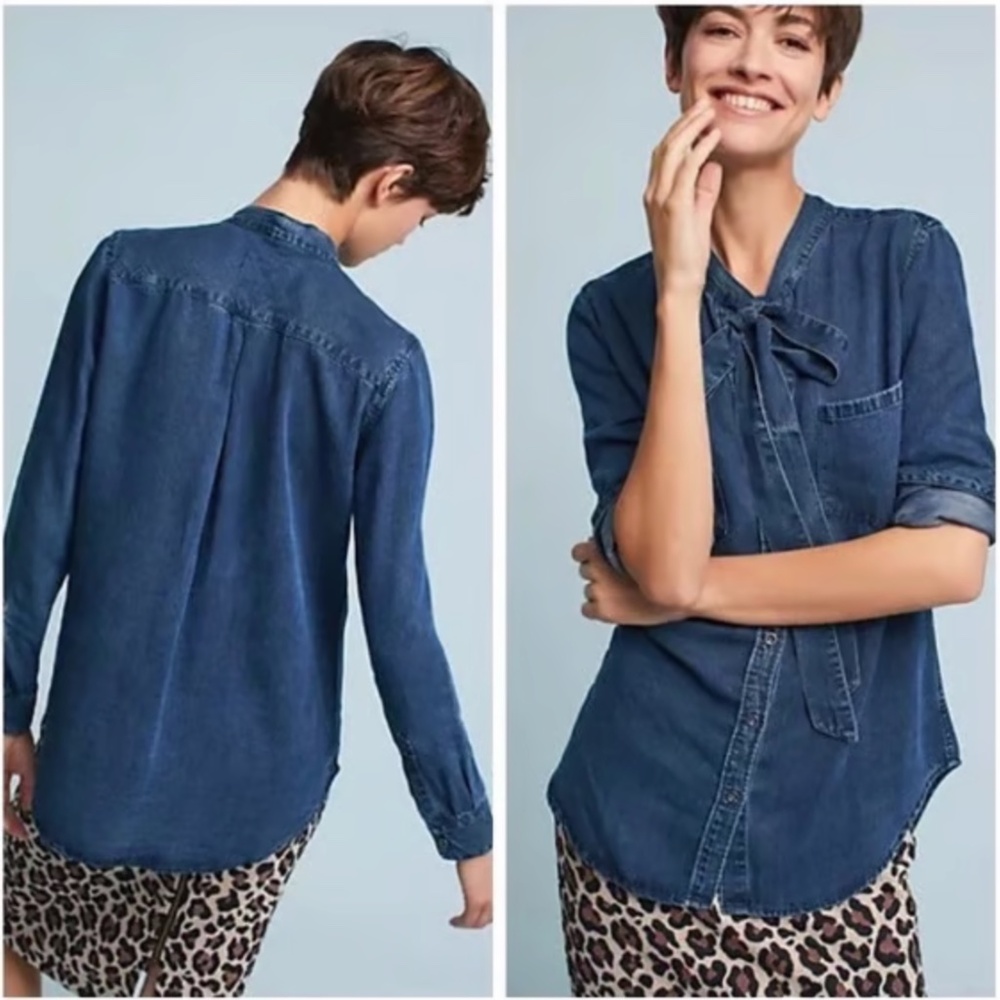 RAILS Rosalee Dark Wash Button Up Tie Neck Chambray Denim Shirt